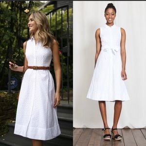 White eyelet sleeveless shirt dress with self-tie